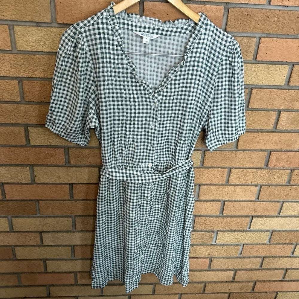 Market & Spruce Button Front Tie Waist Green & White Checkered Gingham Size M